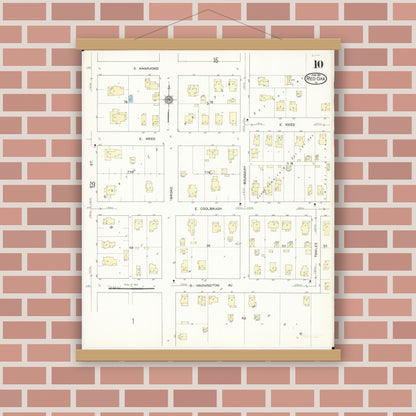 Old map wall art mockup — magnetic wood frame on brick wall — Sanborn Fire Insurance Map from Red Oak, Montgomery County, Iowa (1914), Sheet #0010