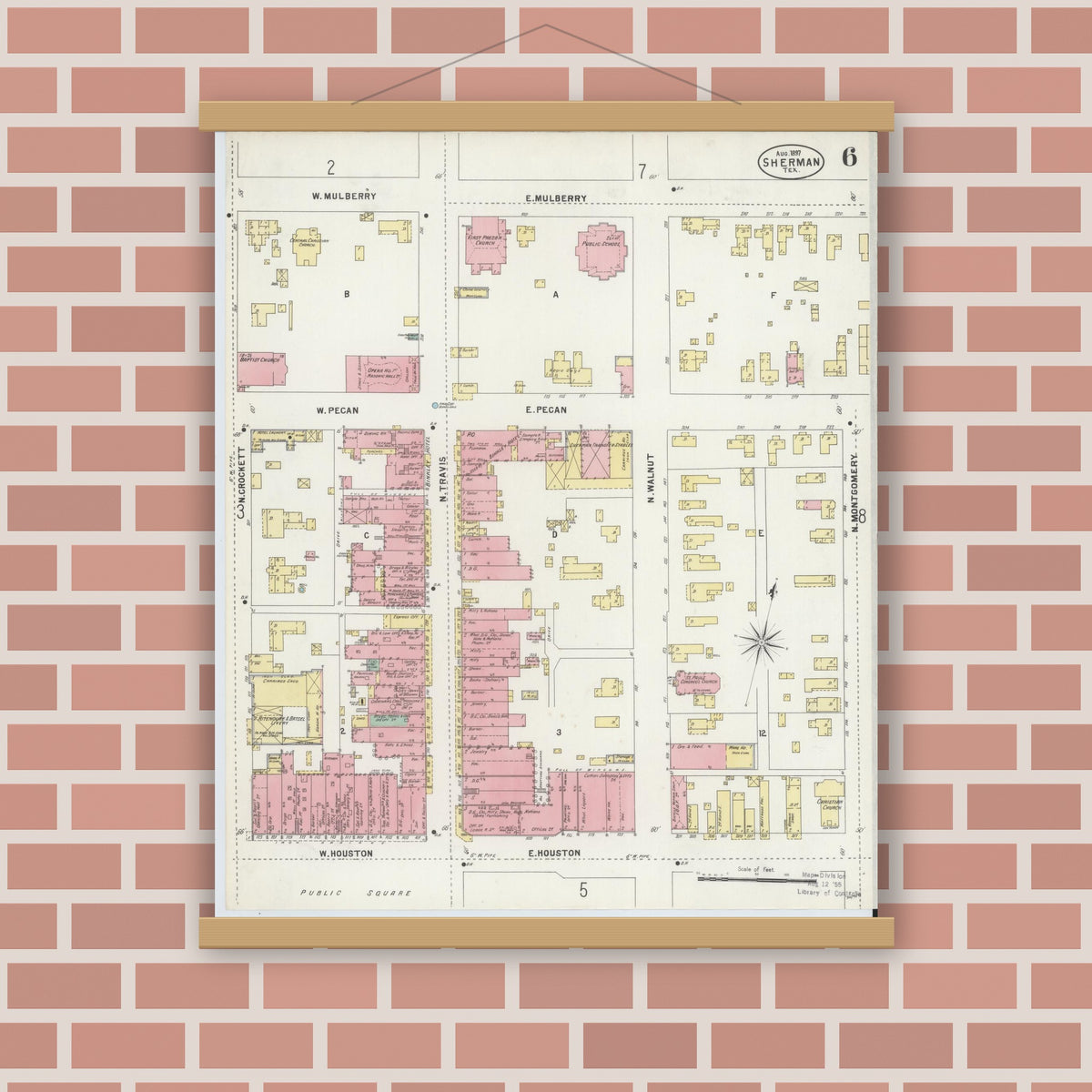 Old map wall art mockup — magnetic wood frame on brick wall — Sanborn Fire Insurance Map from Sherman, Grayson County, Texas (1897), Sheet #0006