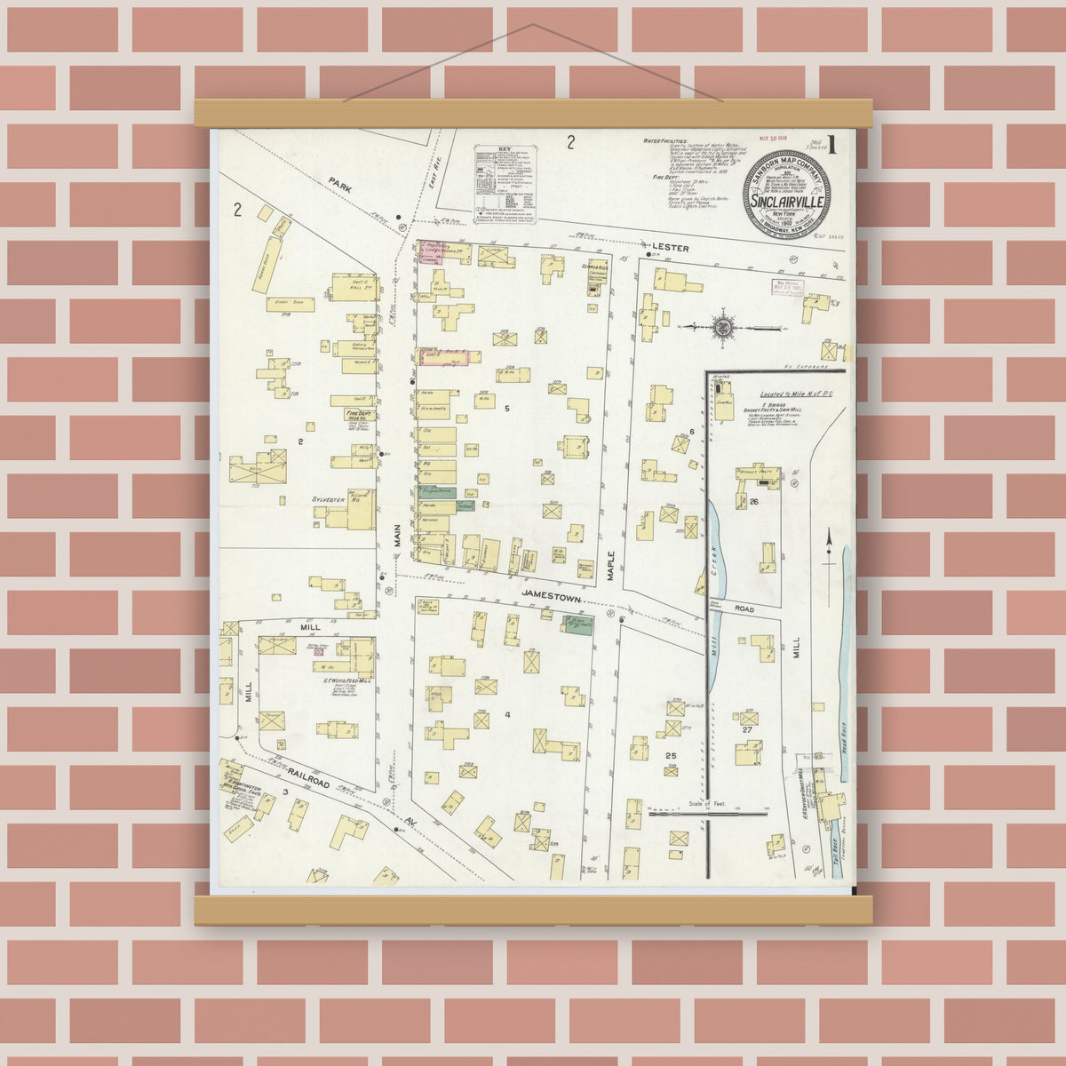 Old map wall art mockup — magnetic wood frame on brick wall — Sanborn Fire Insurance Map from Sinclairville, Chautauqua County, New York (1910), Sheet #0001