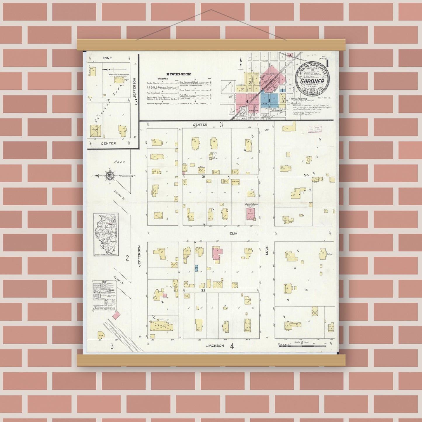 Old map wall art mockup — magnetic wood frame on brick wall — Sanborn Fire Insurance Map from Gardner, Grundy County, Illinois (1913) - Complete Map Set