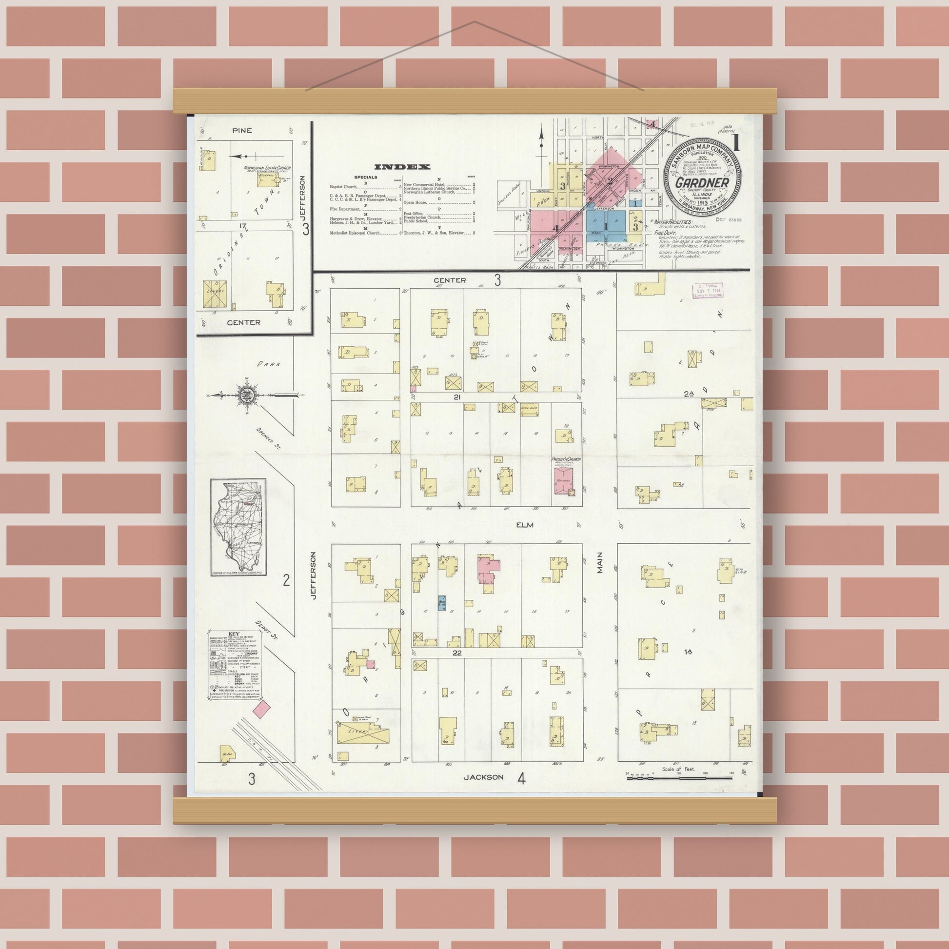 Old map wall art mockup — magnetic wood frame on brick wall — Sanborn Fire Insurance Map from Gardner, Grundy County, Illinois (1913) - Complete Map Set