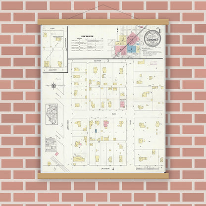 Old map wall art mockup — magnetic wood frame on brick wall — Sanborn Fire Insurance Map from Gardner, Grundy County, Illinois (1913) - Complete Map Set
