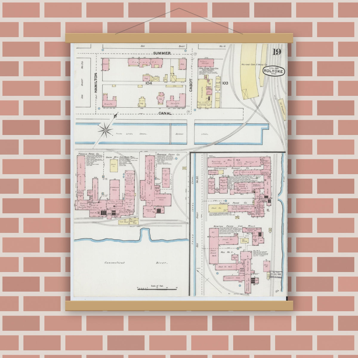 Old map wall art mockup — magnetic wood frame on brick wall — Sanborn Fire Insurance Map from Holyoke, Hampden County, Massachusetts (1889), Sheet #0019