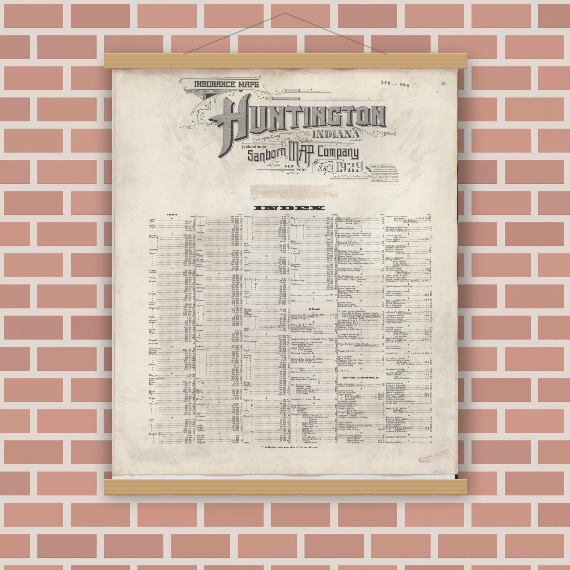 Old map wall art mockup — magnetic wood frame on brick wall — Sanborn Fire Insurance Map from Huntington, Huntington County, Indiana (1946), Sheet #0001