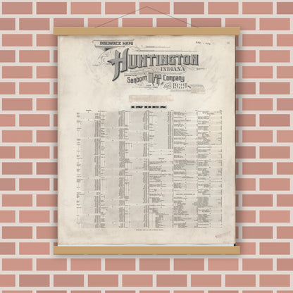 Old map wall art mockup — magnetic wood frame on brick wall — Sanborn Fire Insurance Map from Huntington, Huntington County, Indiana (1946), Sheet #0001