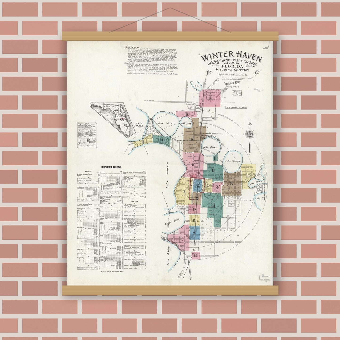 Old map wall art mockup — magnetic wood frame on brick wall — Sanborn Fire Insurance Map from Winter Haven, Polk County, Florida (1924) - Complete Map Set