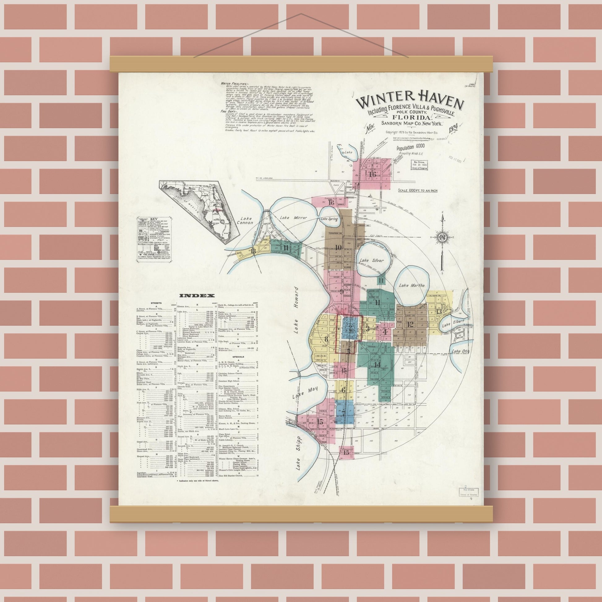 Old map wall art mockup — magnetic wood frame on brick wall — Sanborn Fire Insurance Map from Winter Haven, Polk County, Florida (1924) - Complete Map Set