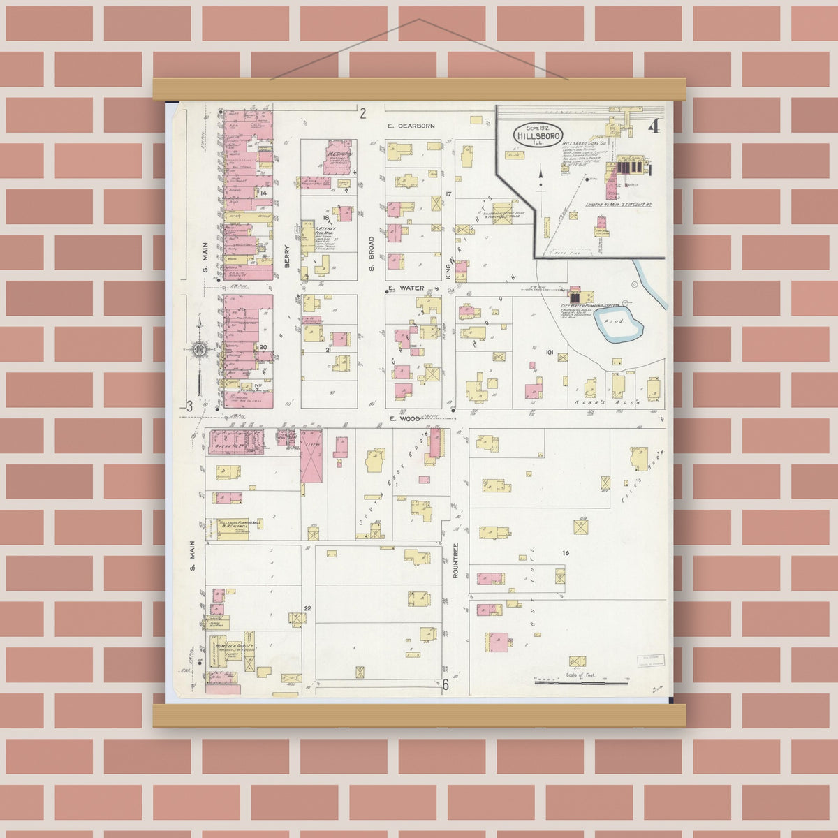 Old map wall art mockup — magnetic wood frame on brick wall — Sanborn Fire Insurance Map from Hillsboro, Montgomery County, Illinois (1912), Sheet #0004