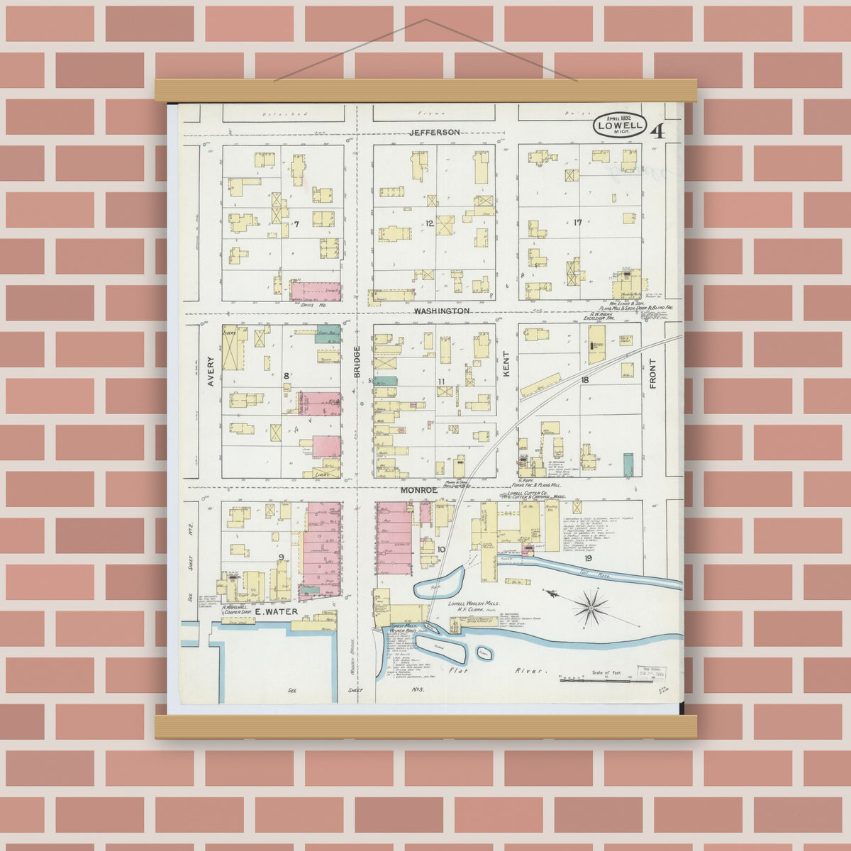 Old map wall art mockup — magnetic wood frame on brick wall — Sanborn Fire Insurance Map from Lowell, Kent County, Michigan (1892), Sheet #0004