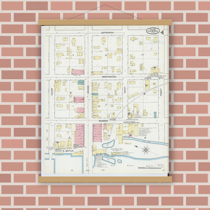 Old map wall art mockup — magnetic wood frame on brick wall — Sanborn Fire Insurance Map from Lowell, Kent County, Michigan (1892), Sheet #0004
