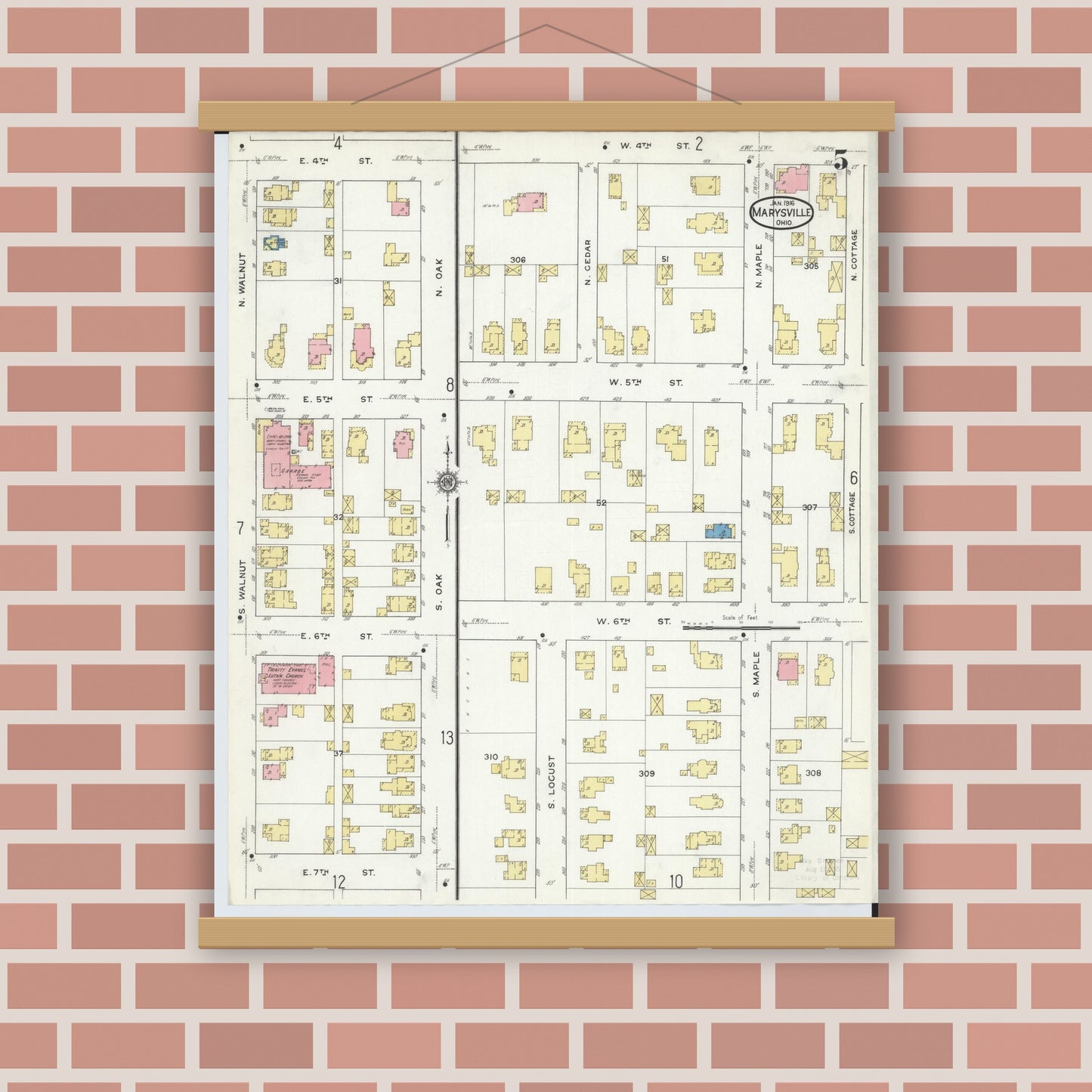 Old map wall art mockup — magnetic wood frame on brick wall — Sanborn Fire Insurance Map from Marysville, Union County, Ohio (1916), Sheet #0005