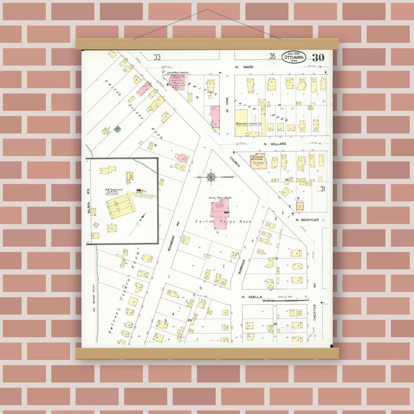 Old map wall art mockup — magnetic wood frame on brick wall — Sanborn Fire Insurance Map from Ottumwa, Wapello County, Iowa (1909), Sheet #0030