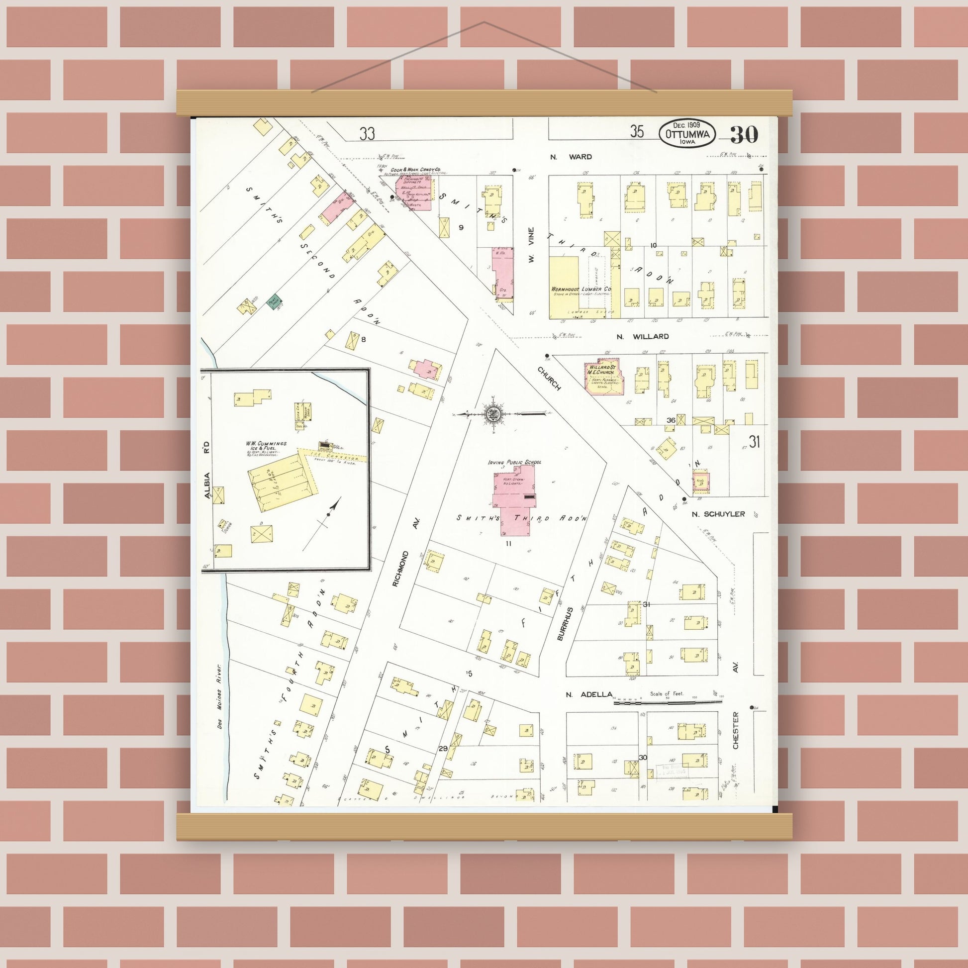 Old map wall art mockup — magnetic wood frame on brick wall — Sanborn Fire Insurance Map from Ottumwa, Wapello County, Iowa (1909), Sheet #0030