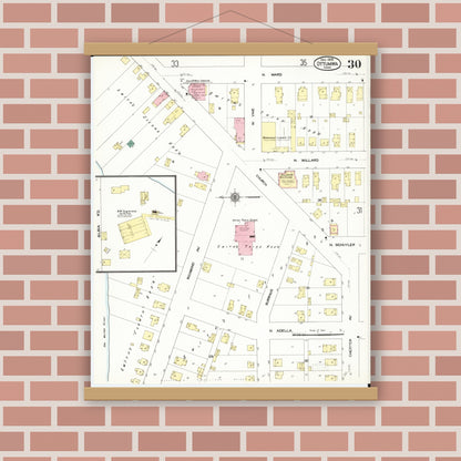 Old map wall art mockup — magnetic wood frame on brick wall — Sanborn Fire Insurance Map from Ottumwa, Wapello County, Iowa (1909), Sheet #0030
