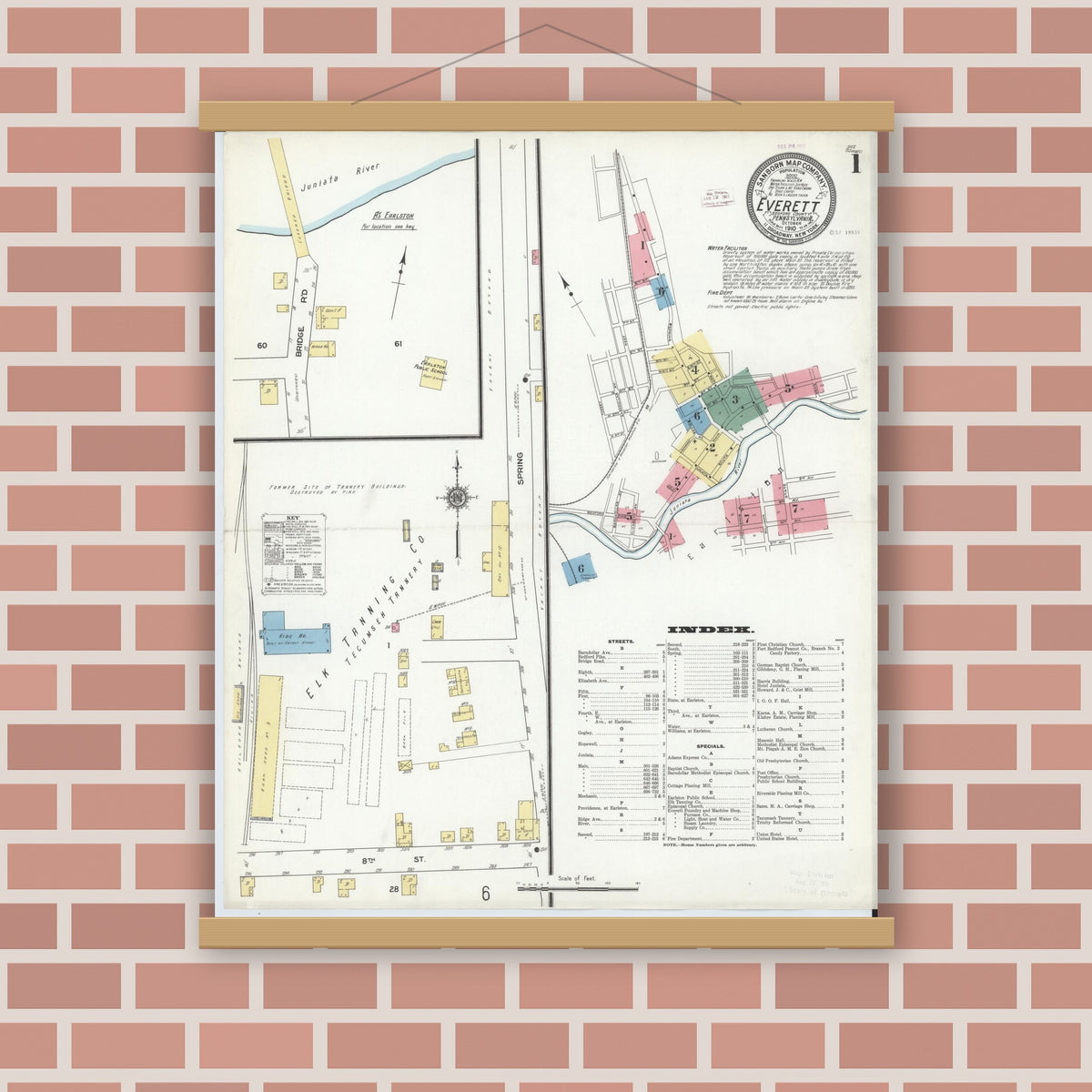 Old map wall art mockup — magnetic wood frame on brick wall — Sanborn Fire Insurance Map from Everett, Bedford County, Pennsylvania (1910) - Complete Map Set