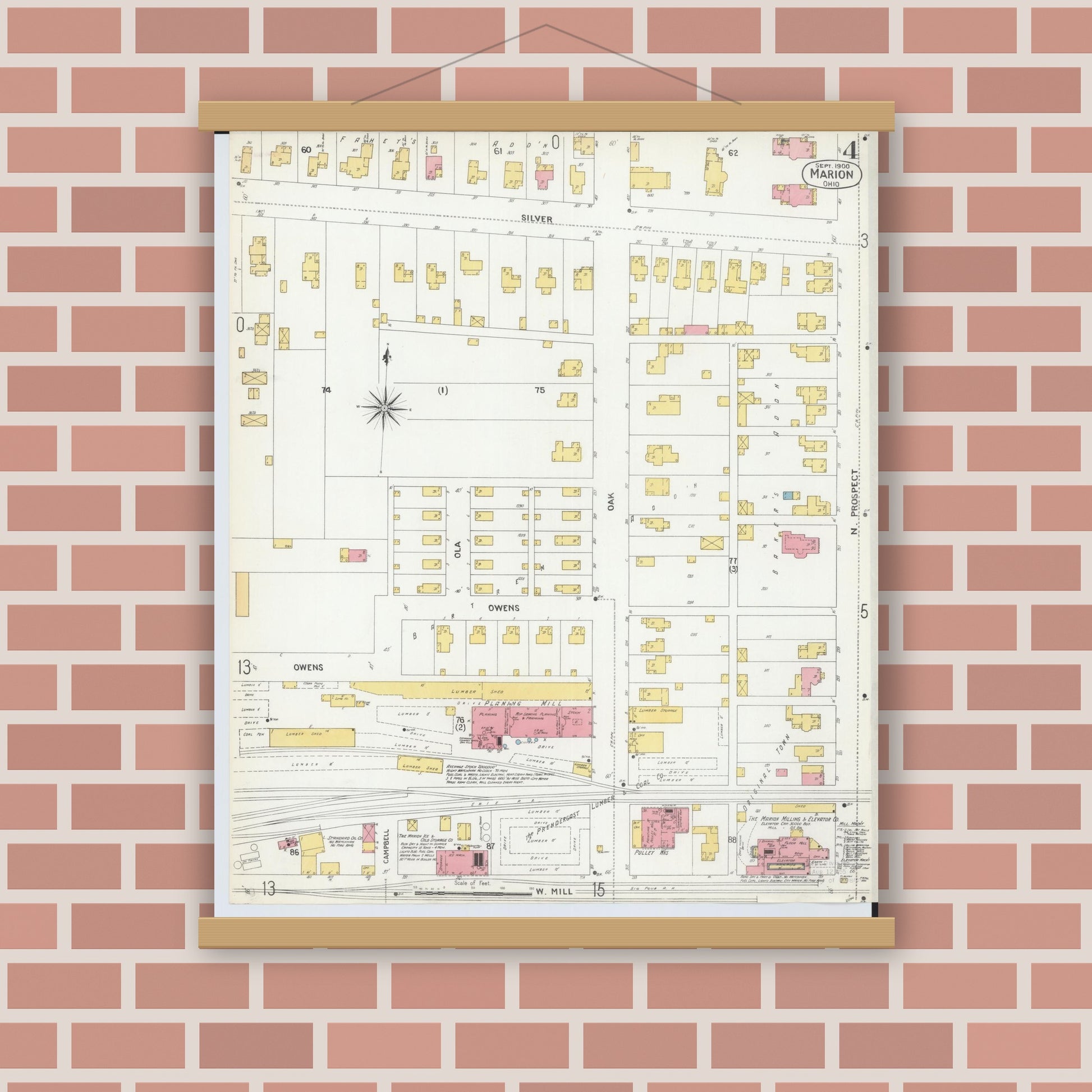 Old map wall art mockup — magnetic wood frame on brick wall — Sanborn Fire Insurance Map from Marion, Marion County, Ohio (1900), Sheet #0004