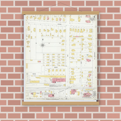 Old map wall art mockup — magnetic wood frame on brick wall — Sanborn Fire Insurance Map from Marion, Marion County, Ohio (1900), Sheet #0004