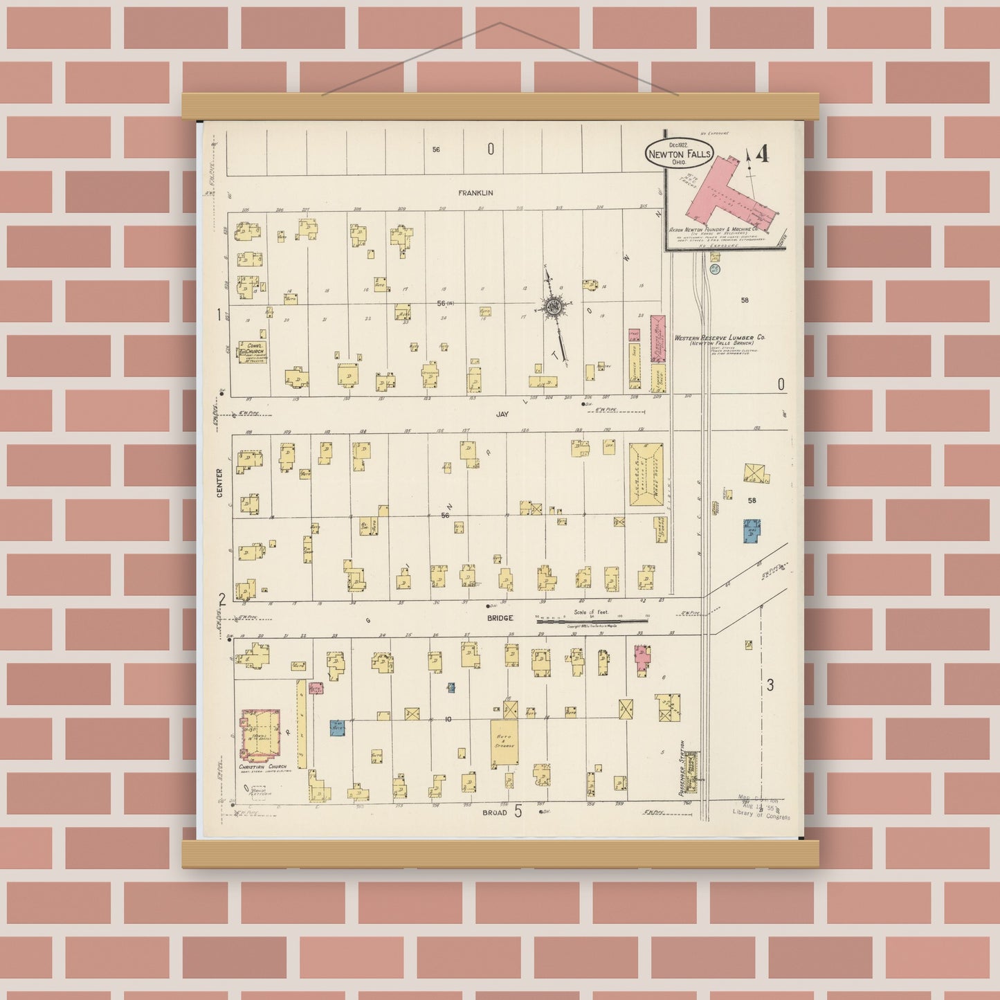 Old map wall art mockup — magnetic wood frame on brick wall — Sanborn Fire Insurance Map from Newton Falls, Trumbull County, Ohio (1922), Sheet #0004