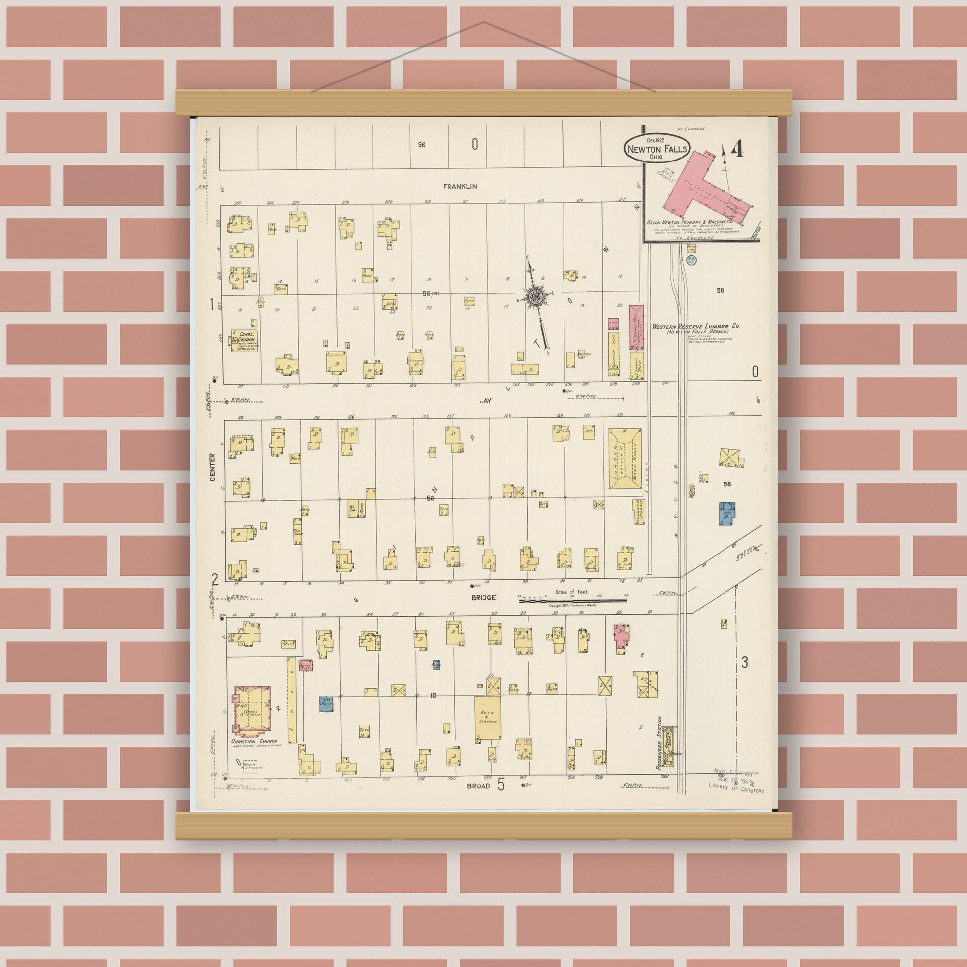 Old map wall art mockup — magnetic wood frame on brick wall — Sanborn Fire Insurance Map from Newton Falls, Trumbull County, Ohio (1922), Sheet #0004