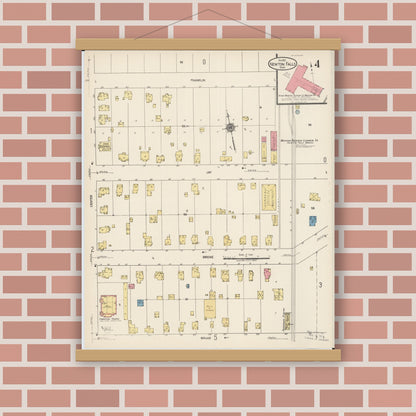Old map wall art mockup — magnetic wood frame on brick wall — Sanborn Fire Insurance Map from Newton Falls, Trumbull County, Ohio (1922), Sheet #0004