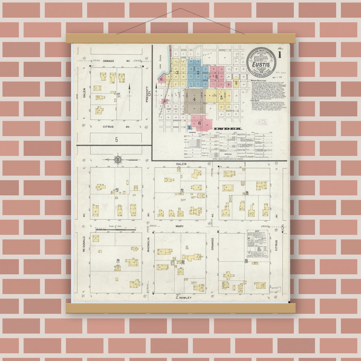 Old map wall art mockup — magnetic wood frame on brick wall — Sanborn Fire Insurance Map from Eustis, Lake County, Florida (1912) - Complete Map Set