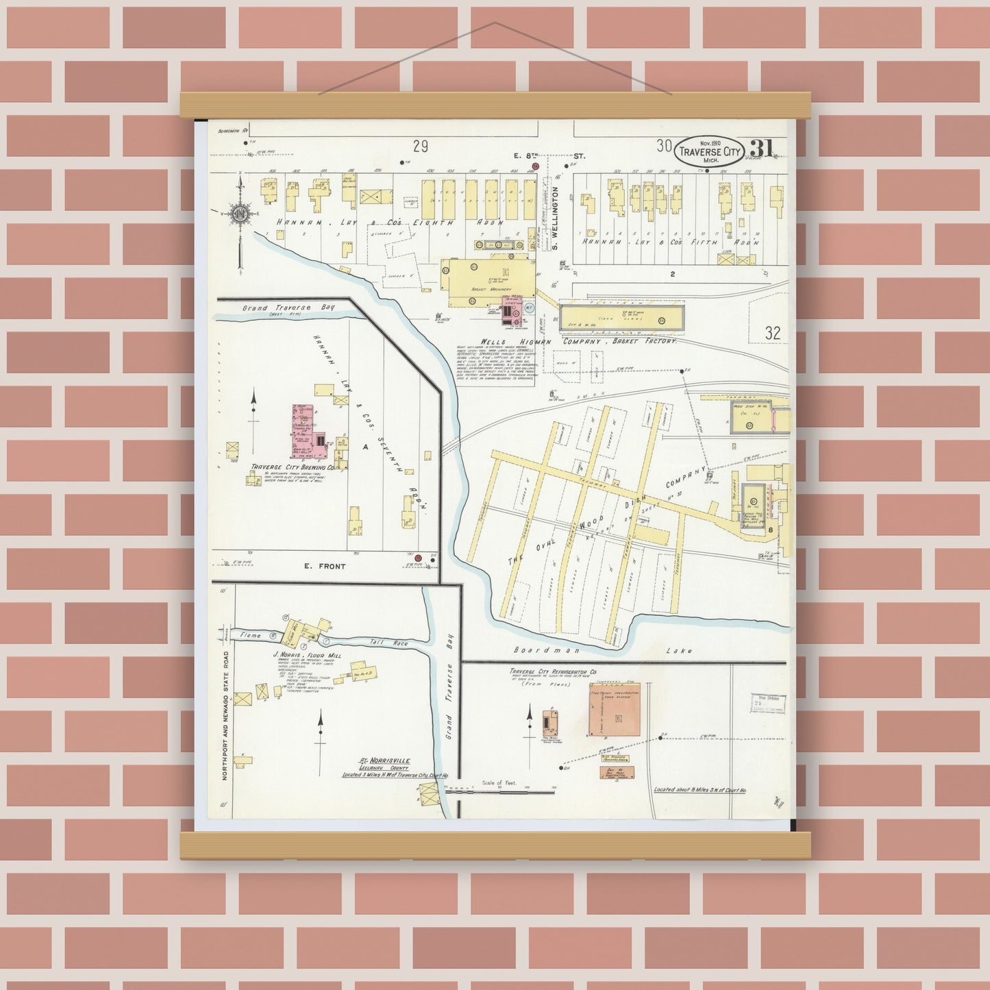 Old map wall art mockup — magnetic wood frame on brick wall — Sanborn Fire Insurance Map from Traverse City, Grand Traverse County, Michigan (1910), Sheet #0031
