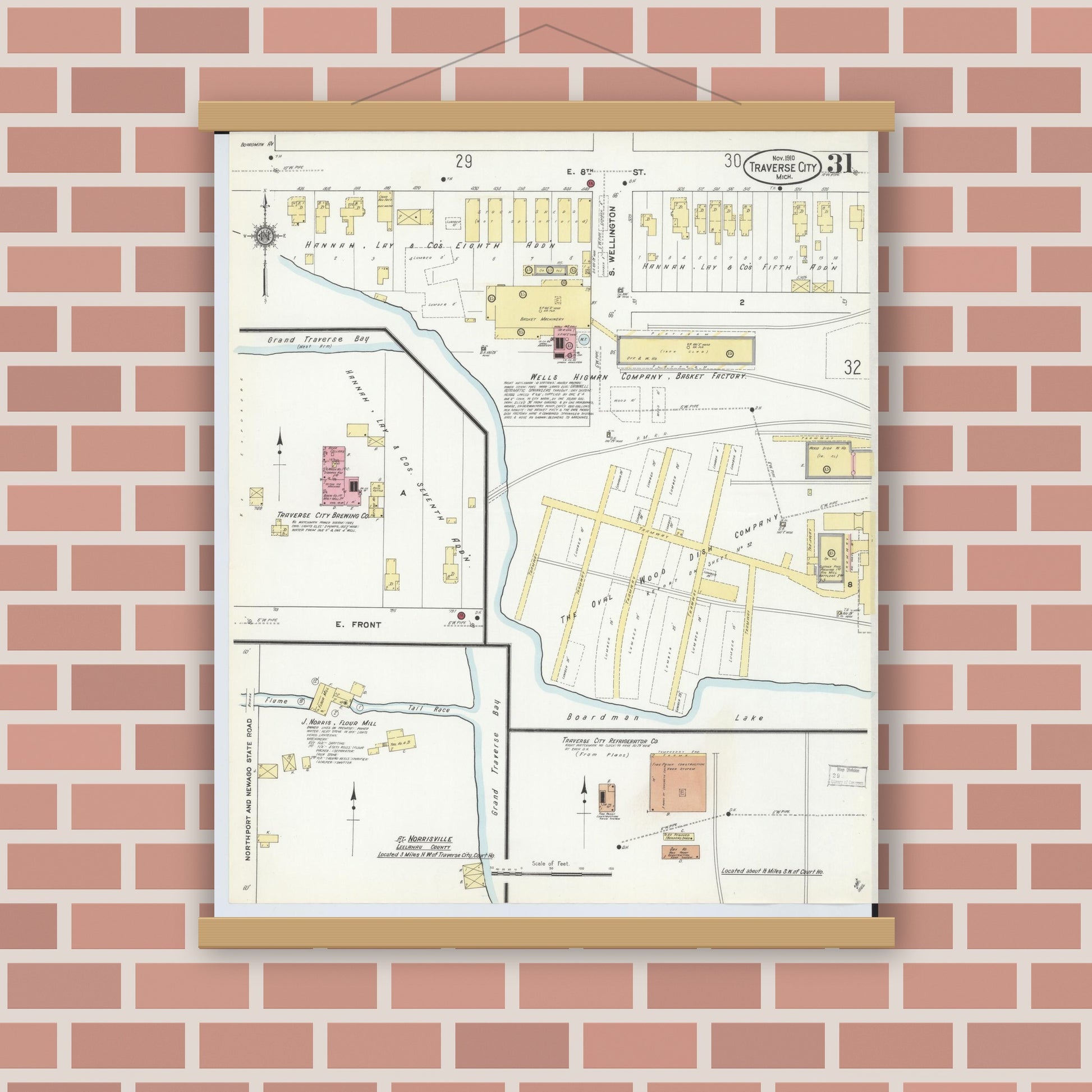 Old map wall art mockup — magnetic wood frame on brick wall — Sanborn Fire Insurance Map from Traverse City, Grand Traverse County, Michigan (1910), Sheet #0031