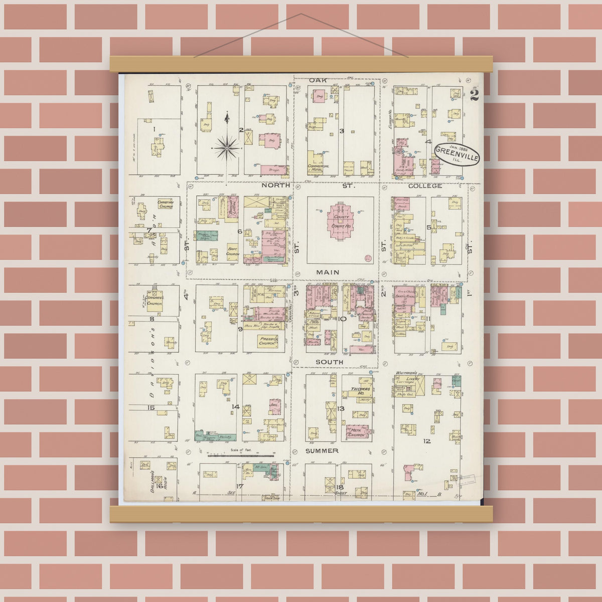 Old map wall art mockup — magnetic wood frame on brick wall — Sanborn Fire Insurance Map from Greenville, Bond County, Illinois (1886), Sheet #0002