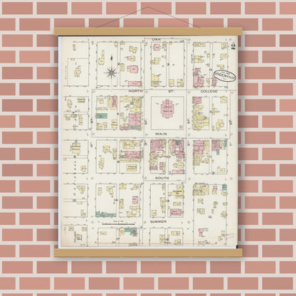 Old map wall art mockup — magnetic wood frame on brick wall — Sanborn Fire Insurance Map from Greenville, Bond County, Illinois (1886), Sheet #0002