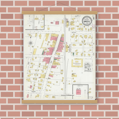 Old map wall art mockup — magnetic wood frame on brick wall — Sanborn Fire Insurance Map from Summitville, Madison County, Indiana (1902), Sheet #0001