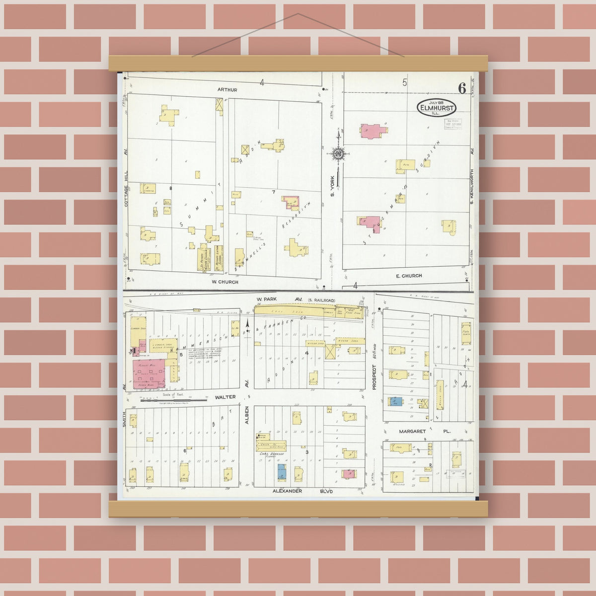 Old map wall art mockup — magnetic wood frame on brick wall — Sanborn Fire Insurance Map from Elmhurst, Du Page County, Illinois (1918), Sheet #0006