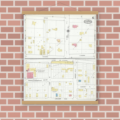 Old map wall art mockup — magnetic wood frame on brick wall — Sanborn Fire Insurance Map from Elmhurst, Du Page County, Illinois (1918), Sheet #0006