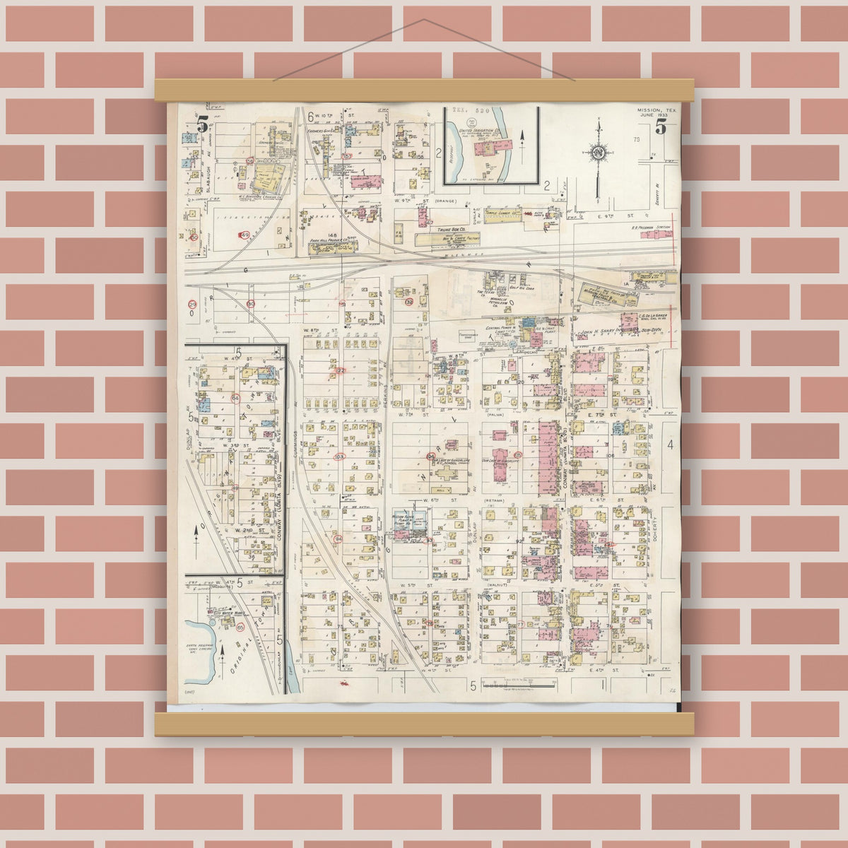 Old map wall art mockup — magnetic wood frame on brick wall — Sanborn Fire Insurance Map from Mission, Hidalgo County, Texas (1949), Sheet #0005