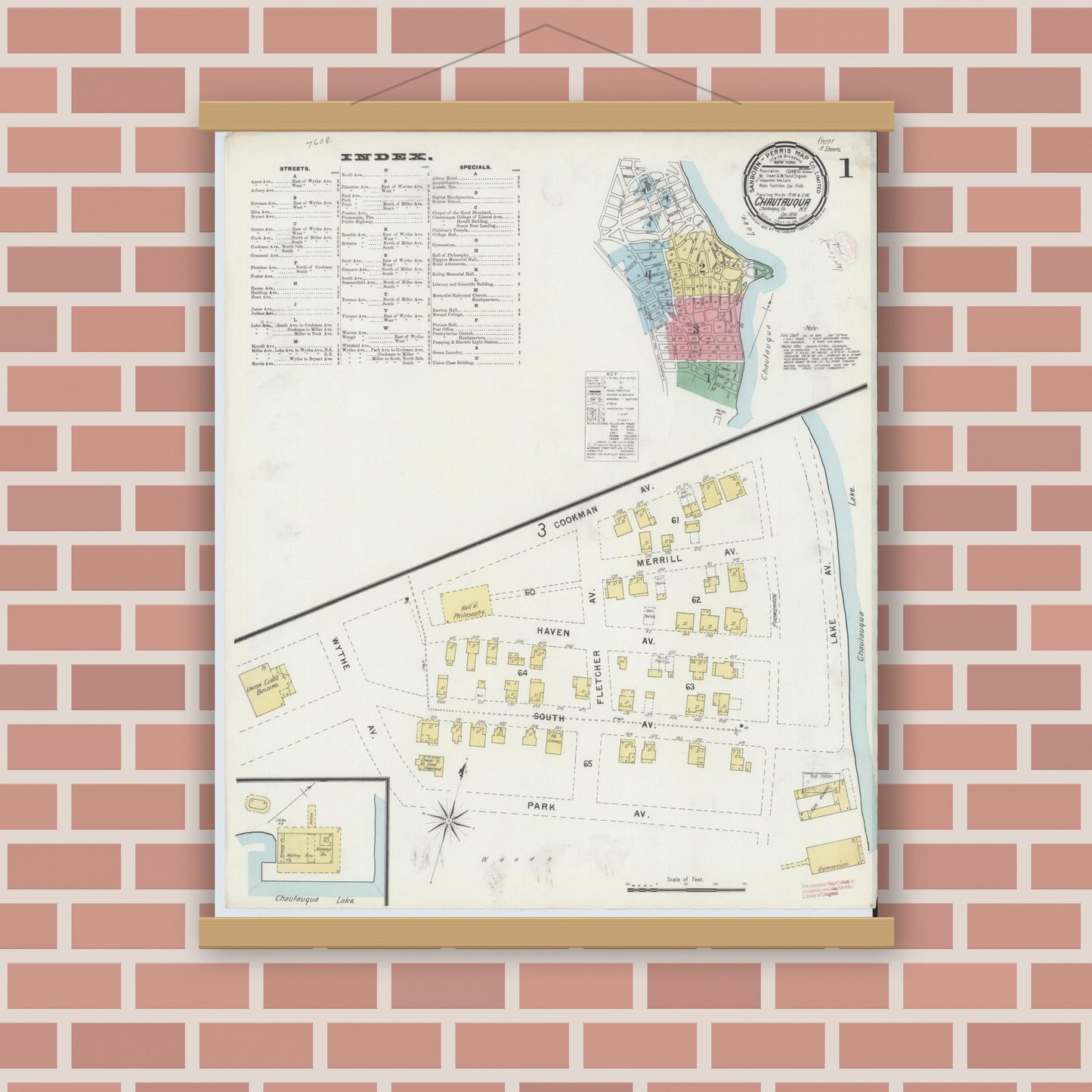 Old map wall art mockup — magnetic wood frame on brick wall — Sanborn Fire Insurance Map from Chautauqua, Chautauqua County, New York (1896), Sheet #0001