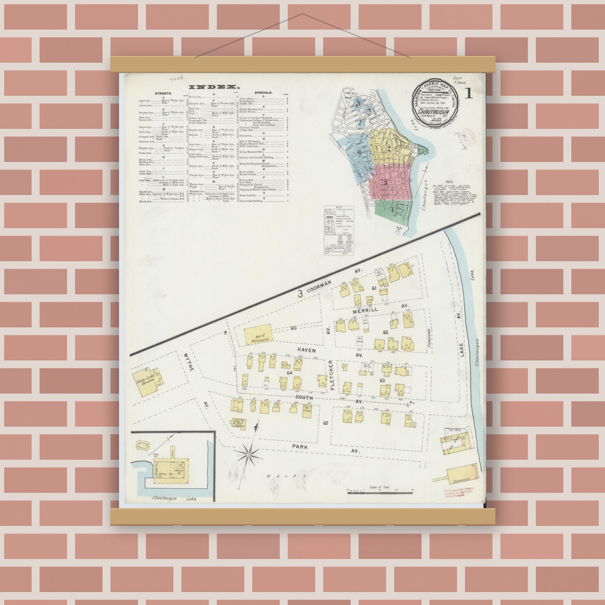 Old map wall art mockup — magnetic wood frame on brick wall — Sanborn Fire Insurance Map from Chautauqua, Chautauqua County, New York (1896), Sheet #0001