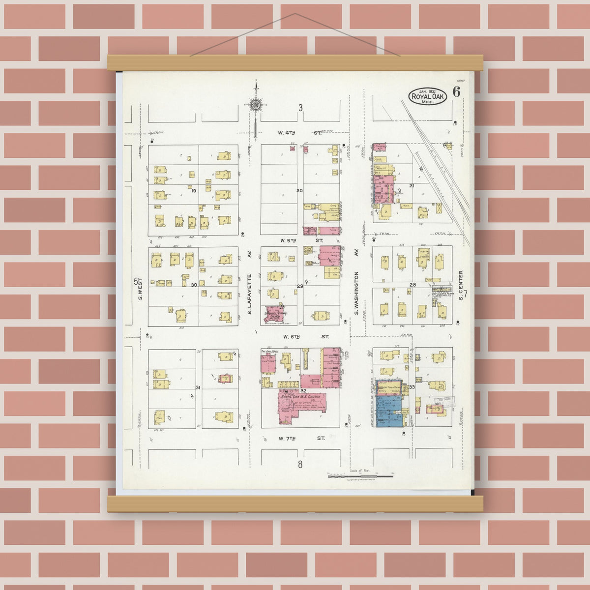 Old map wall art mockup — magnetic wood frame on brick wall — Sanborn Fire Insurance Map from Royal Oak, Oakland County, Michigan (1921), Sheet #0006