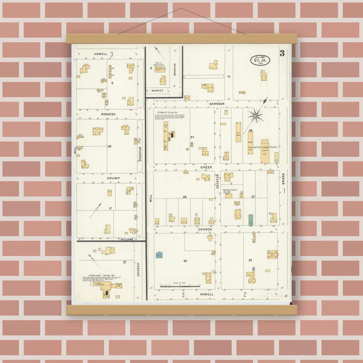 Old map wall art mockup — magnetic wood frame on brick wall — Sanborn Fire Insurance Map from Saint Jo, Montague County, Texas (1908), Sheet #0003