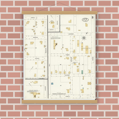 Old map wall art mockup — magnetic wood frame on brick wall — Sanborn Fire Insurance Map from Saint Jo, Montague County, Texas (1908), Sheet #0003