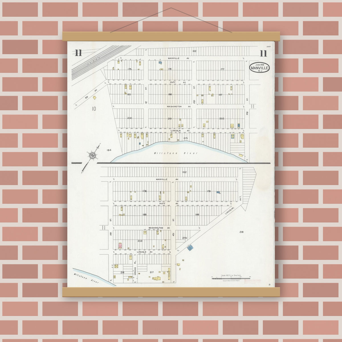 Old map wall art mockup — magnetic wood frame on brick wall — Sanborn Fire Insurance Map from Manville, Somerset County, New Jersey (1928), Sheet #0011