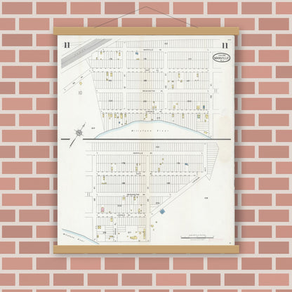 Old map wall art mockup — magnetic wood frame on brick wall — Sanborn Fire Insurance Map from Manville, Somerset County, New Jersey (1928), Sheet #0011