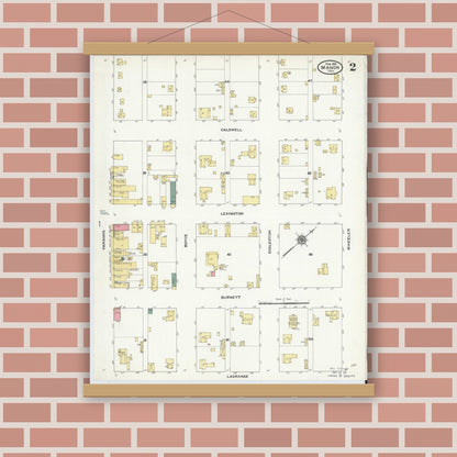 Old map wall art mockup — magnetic wood frame on brick wall — Sanborn Fire Insurance Map from Manor, Travis County, Texas (1910), Sheet #0002