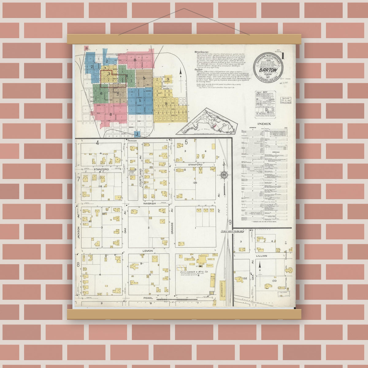 Old map wall art mockup — magnetic wood frame on brick wall — Sanborn Fire Insurance Map from Bartow, Polk County, Florida (1917) - Complete Map Set