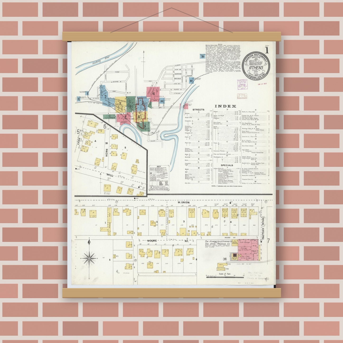Old map wall art mockup — magnetic wood frame on brick wall — Sanborn Fire Insurance Map from Athens, Athens County, Ohio (1907), Sheet #0001