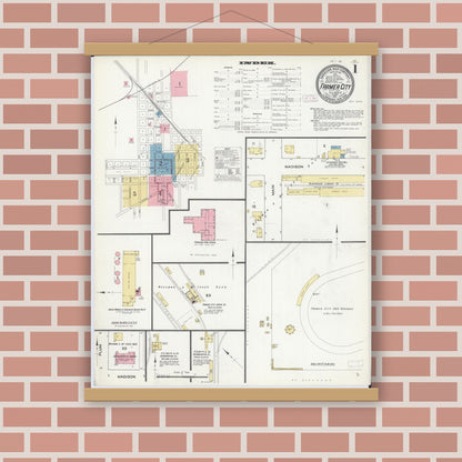 Old map wall art mockup — magnetic wood frame on brick wall — Sanborn Fire Insurance Map from Farmer City, De Witt County, Illinois (1911) - Complete Map Set