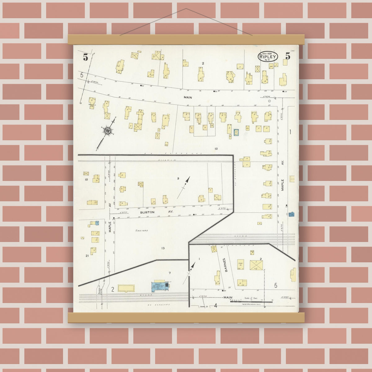 Old map wall art mockup — magnetic wood frame on brick wall — Sanborn Fire Insurance Map from Ripley, Chautauqua County, New York (1924), Sheet #0005