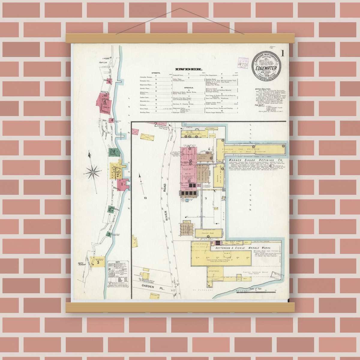 Old map wall art mockup — magnetic wood frame on brick wall — Sanborn Fire Insurance Map from Edgewater, Bergen County, New Jersey (1908) - Complete Map Set