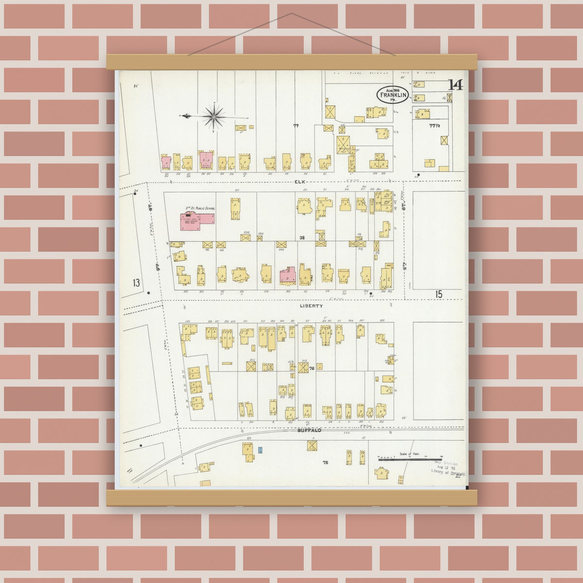 Old map wall art mockup — magnetic wood frame on brick wall — Sanborn Fire Insurance Map from Franklin, Venango County, Pennsylvania (1906), Sheet #0014
