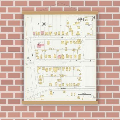 Old map wall art mockup — magnetic wood frame on brick wall — Sanborn Fire Insurance Map from Franklin, Venango County, Pennsylvania (1906), Sheet #0014