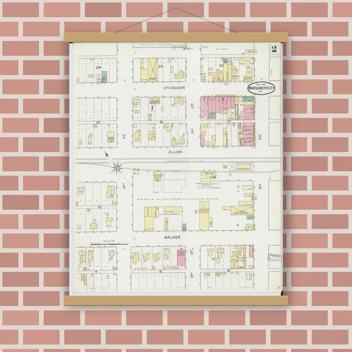 Old map wall art mockup — magnetic wood frame on brick wall — Sanborn Fire Insurance Map from Montgomery City, Montgomery County, Missouri (1893), Sheet #0002
