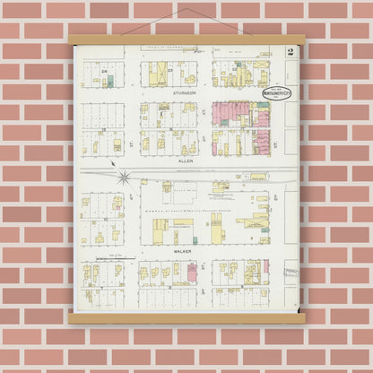 Old map wall art mockup — magnetic wood frame on brick wall — Sanborn Fire Insurance Map from Montgomery City, Montgomery County, Missouri (1893), Sheet #0002